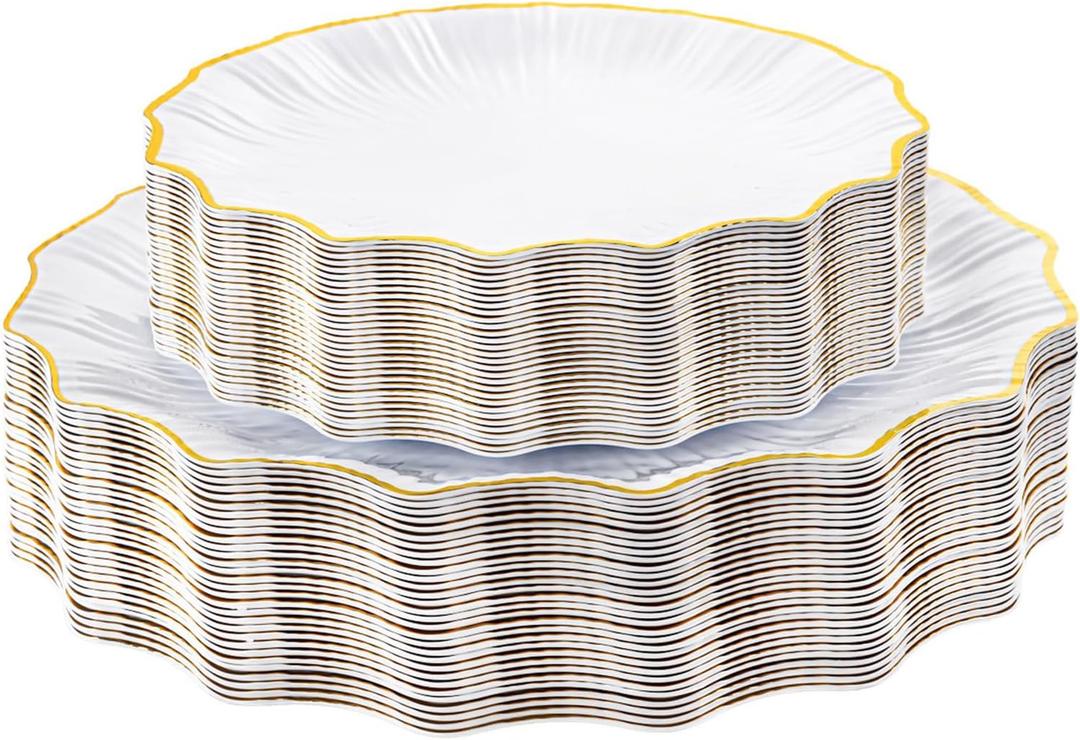 Rubtlamp Heavyduty 60Pcs Gold Plastic Plates - White Scalloped Plates with Gold Trim - Fancy plastic plates- 30 Dinner & 30 Dessert Platos for Party, Wedding (30 Guests)