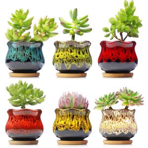 Fulloog Cute Ceramic Succulent Planters, Garden Pots with Drainage and Attached Saucer, Set of 6 - Plants Not Included