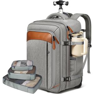 Vancropak Expandable Travel Rolling Backpack with Wheels, Airline Approved Wheeled Backpack with 3 Packing Cubes, 17 Inch Roller Carry on Luggage Suitcase Laptop Bag for Men Women, Grey, Large