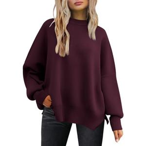 LILLUSORY Oversized Sweaters for Women 2025 Fall Fashion Outfits Trendy Crewneck Knit Cute Lightweight Sweater Pullover Tops Long Sleeve Shirts Winter Clothes WineRed L