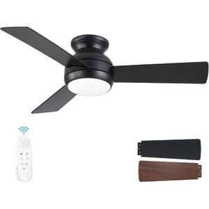 42 Inch Ceiling Fans with Lights and Remote, Black Low Profile Ceiling Fan with Light, Flush Mount, Reversible, 6 Speeds, 3CCT Dimmable, Bedroom Indoor/Outdoor Patios Use