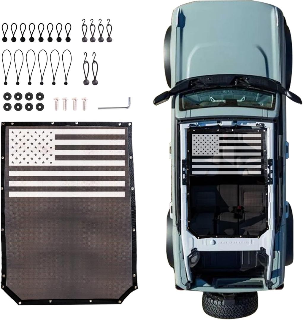 Sunshade Compatible with 2021 2022 2023 2024 2025 2026 New Ford Bronco 4 Door Sun Shade Bikini Top Roof Bimini Soft Mesh Net Exterior Accessories, Blocks UV Wind Noise, with American Flag