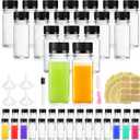 100Pcs 2oz Juice Shot Bottles with Caps, Reusable Square Plastic Containers with Lids, Mini Clear Ginger Shots Bottles Juice Bottle with Funnels & DIY Stickers for Liquids, Beverages, Milk