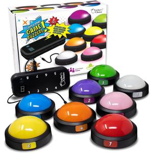 Teacher's Choice Light Up Game Buzzer System, Displays The Winning Player Loud, Unique Sounds for Each Buzzer, Great for Trivia Games, Family Feud, Jeopardy (8 Pack)