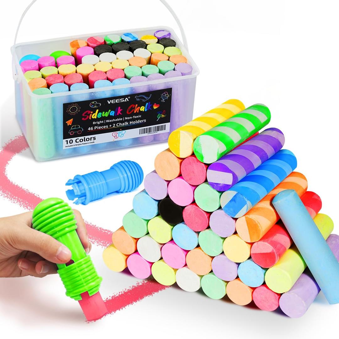 Sidewalk Chalk for Kids, Bucket Pack (46 Count + 2 Chalk Holders), Jumbo | Washable | Non-Toxic, Colored Chalks Bulk Set for Driveway, Outdoor Activities (1 Count (Pack of 48))