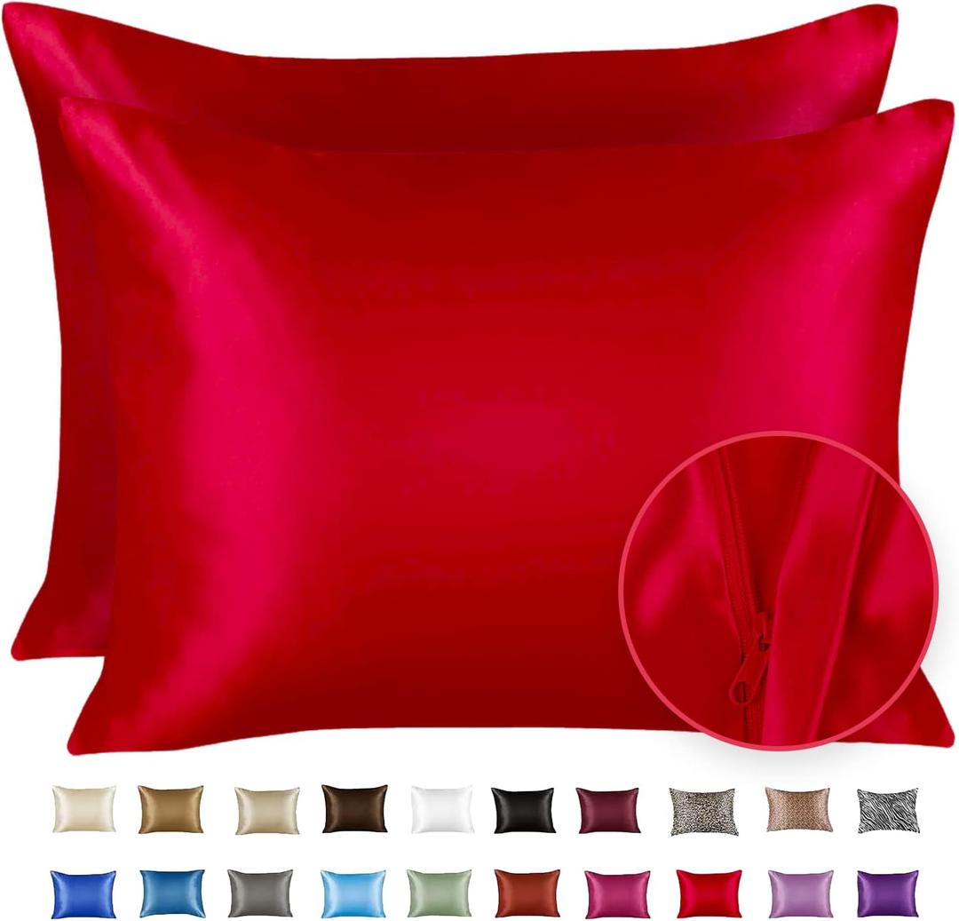 Satin Pillowcase with Zipper, for Hair and Skin Care, Feels Soft and Cool Like a Silk Pillowcase, Red Satin Pillow Cases Set of 2, Slik Pillow Cover, Queen Size - 2 Pack