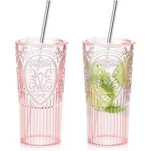2 Set 20oz Vintage Plastic Tumbler with Lids and Straws Ribbed Floral Drinking Glasses Reusable Iced Coffee Cups for Water Juice Smoothie Cocktail Travel Party Events Gift (Pink)