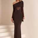 Women One Shoulder Long Sleeve Maxi Dress Bodycon Cut Out Long Formal Wedding Guest Dresses (Brown, M)