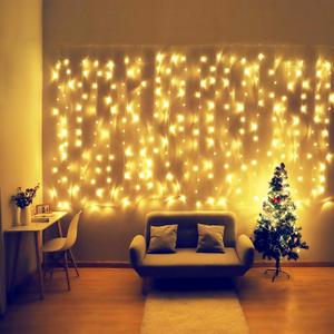 HEYFUNi Fiee Curtain Lights, 13ftx6.5ft Safety Window Curtain Icicle String Lights 30V 8 Modes for Christmas Wedding Party Family Patio Lawn Decoration(Warm White)