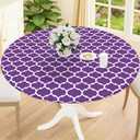 Smiry Round Picnic Tablecloth, Waterproof Elastic Fitted Table Covers for 57" - 68" Tables, Wipeable Flannel Backed Vinyl Tablecloths for Camping, Indoor, Outdoor, Purple & White, For Up to 57"-68" Round