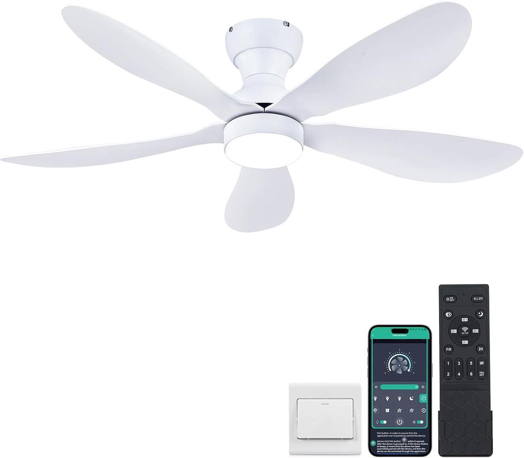 44 Inch Modern Flush Mount Ceiling Fan with Lights, Remote/APP Control, Low Profile, 5 Reversible Curved Blades, LED Lights 3 CCT Dimmable, 6 Speeds, White