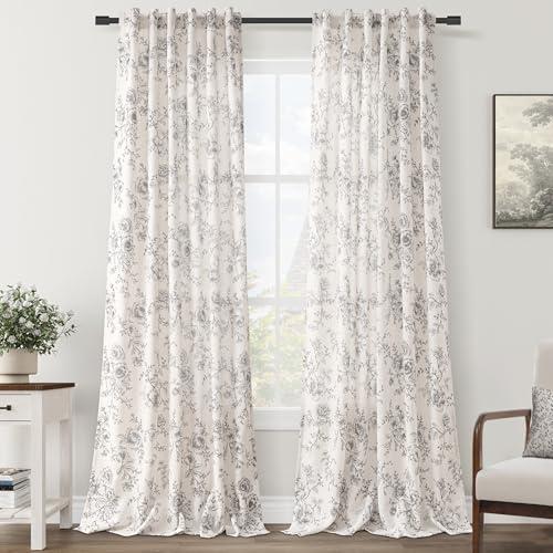 Floral Linen Curtains - 102 Inch Length, Botanical Patterned, Burlap Textured, Rustic Farmhouse, Shabby Chic, Extra Long Drapes for Living Room & Bedroom