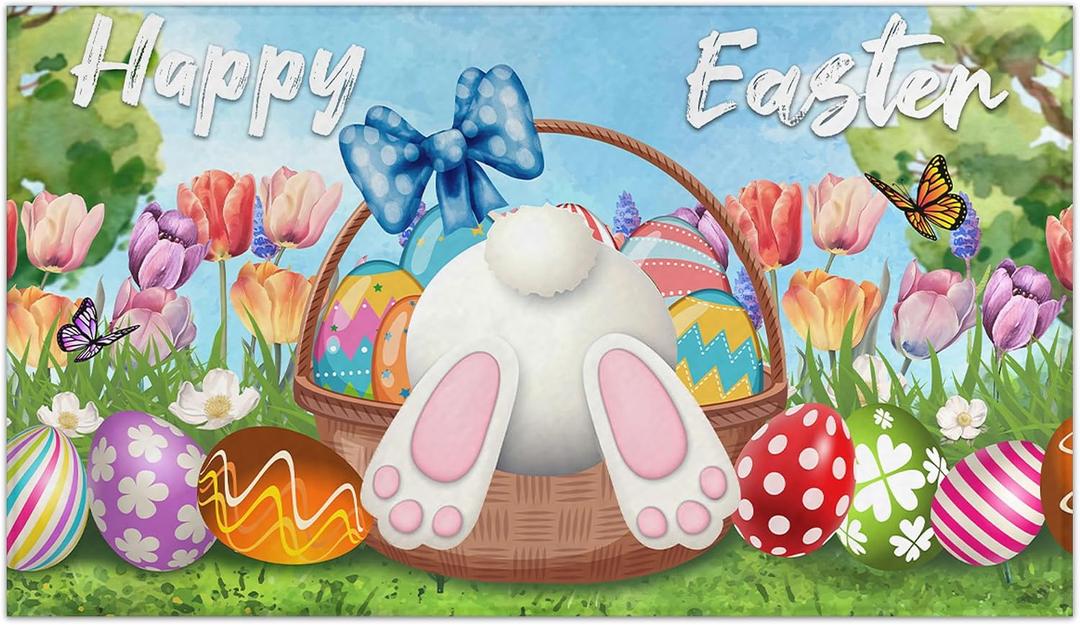 Happy Easter Door Mat, Welcome Easter Doormat, Easter Decor Non Slip Bunny Egg Rug Flowers Floor Mat 17"x30" Spring Decorations for Indoor Outdoor (Easter 3, 17"x30")