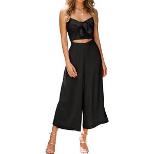 Women's Tie Knot Cutout Front V Neck Spaghetti Strap High Waist Wide Leg Summer Casual Jumpsuits Rompers (AVBLTK)