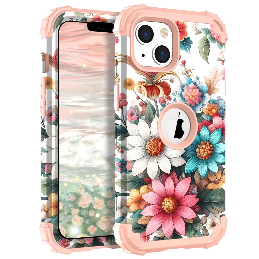 TEECOVER Heavy Duty Case for iPhone 13/14, White/Pink Flowers