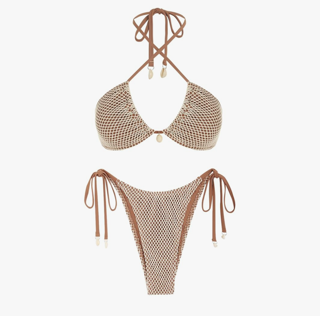 ZAFUL Women's Bikini Set Fishnet Triangle Tie Convertible Collar Halter Bandeau Shell Two Piece Bathing Suit L