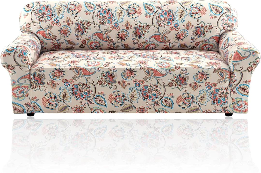 PrinceDeco Floral Couch Covers for 3 Cushion Couch Sofa, Colorful Flower Pattern, Stretch 1 Pieces Sofa Slip Covers for Sofas/Couches Sofa Covers Washable Protector for Kids, Pets Friendly