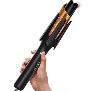 Auto Rotating Hair Curler - 4 Temperature and Timer Settings, Automatic Curling Iron with Automatic Shut-Off, Anti-Tangle and Scalding, Curling Wand for Long Lasting Curls (Black)