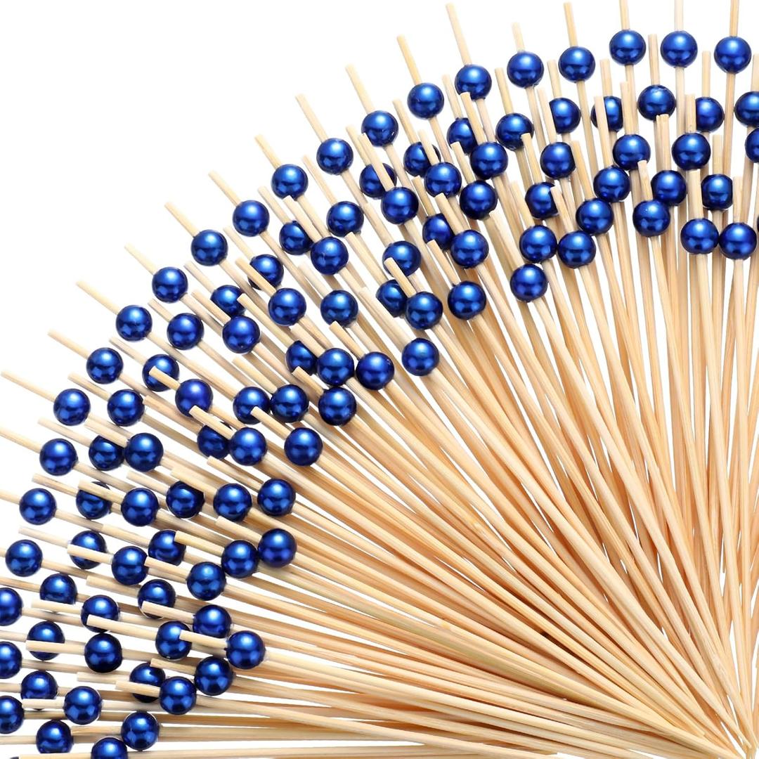 Reallnaive 300 Pcs Cocktail Pick Pearl Fancy Toothpick for Appetizer 4.7 Inch Long Skewer for Drink Fruit Food Bamboo Stick Wedding Bridal Shower Decoration Charcuterie Accessories (Navy Blue)