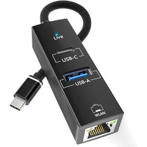 USB C to Ethernet Adapter, USB Type-C (Thunderbolt 3/ 4) to RJ45 LAN Dongle with 5Gbps USB-A 3.0/ USB-C Data Port, Plug & Play Network Converter for MacBook, iPad, iPhone 15/ 16, Laptops, Headphones, Android