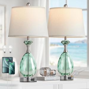 Hamucd Coastal Glass Table Lamps Set of 2, 3-Way Dimmable Touch Control Nautical Lamp with USB A+C Ports,Bedside Lamps Beach Decor, Modern Nightstand Lamps with 2 LED Bulbs for Bedroom Living Room