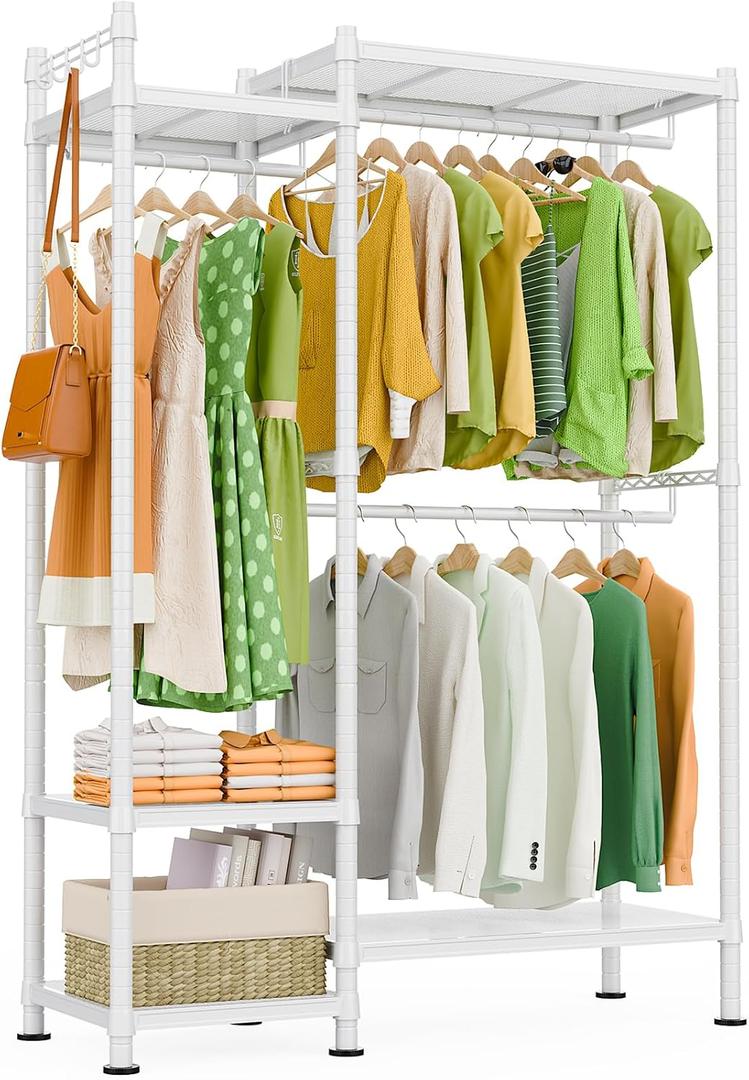 LEHOM G3 Garment Rack Heavy Duty Clothes Rack for Hanging Clothes, Freestanding Portable Wire Clothing Rack with Shelves, Adjustable Wardrobe Closet Rack, DIY Hanging Clothes Racks for Bedroom,White