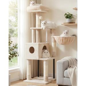 Heybly Cat Tree, 49.2 Inches Cat Tower for Indoor Cats, Spacious Cat House Condo with Hidden SpaceSturdy Steel TubeSoft Plush Top PerchCozy Hammock and Sisal Scratching Posts, Beige