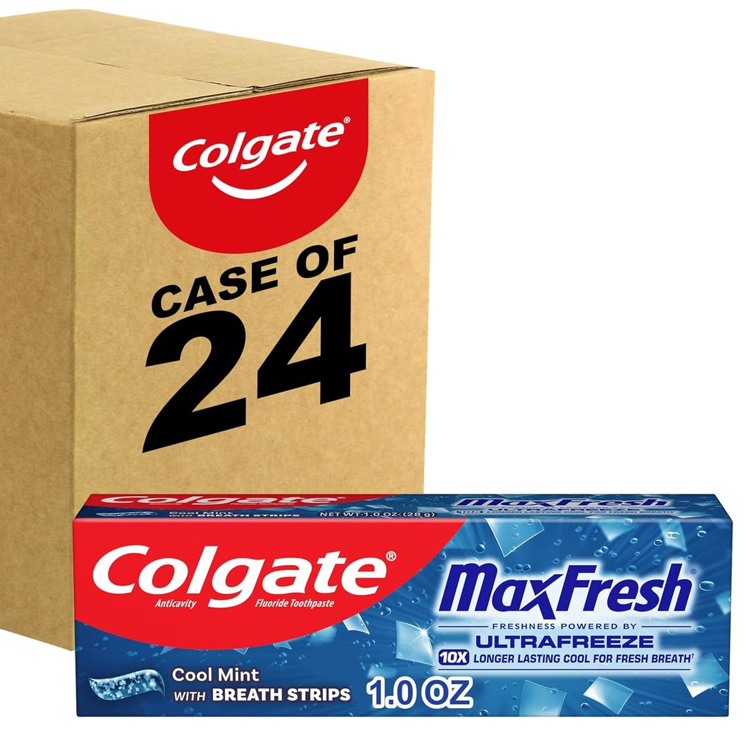Colgate MaxFresh Cool Mint Toothpaste, Travel Size Toothpaste for Bad Breath with Fluoride and Hundreds of Mini Breath Strips, Leaves Mouth Feeling Refreshed for Hours, Fights Cavities, 1.0 oz