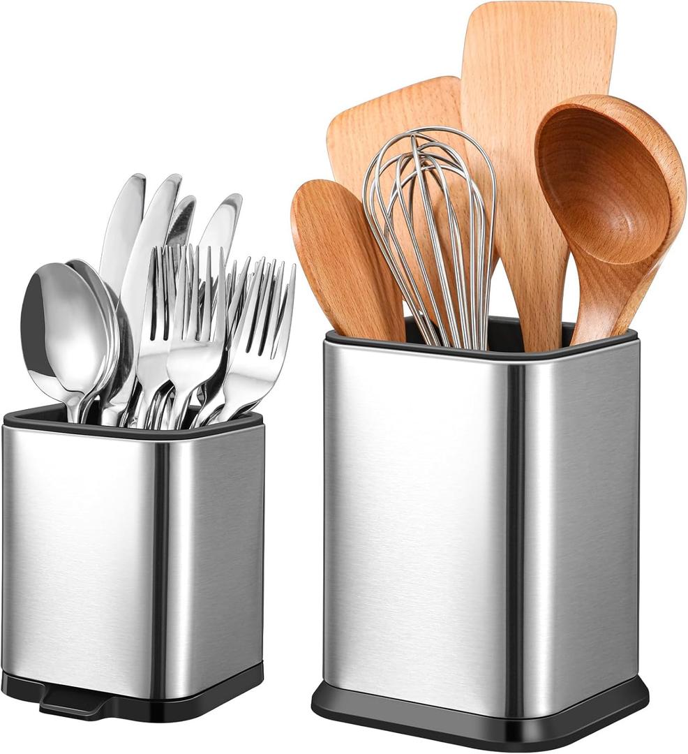2 Pcs Kitchen Utensil Holder for Countertop Stainless Steel Utensil Caddy, Spoon Spatula Organizers with Drainage Holes Small Flatware Utensil Crock for Kitchen Counter, Silver(Square)