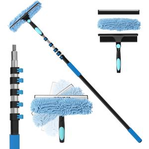 25FT Reach Window Squeegee Kit with Extension Pole, 2-in-1 Professional Washer for High Windows, 5-20FT Adjustable Reach, Rotatable Head for Indoor & Outdoor Use, Streak-Free Cleaning Tool for Home