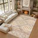 Washable Boho Area Rug 8'10' Western Khaki Brown Yellow Geometry Boho Large Living Room Rug Floral Non-Slip Colorful Indoor Decor Soft Oriental Vintage Bedroom Carpet Dining Room Nursery Home Office (Cream/Camel)