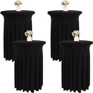4 Packs 32 x 43 Inch Spandex Round Cocktail Table Skirts with Wavy Drapes Stretch Cocktail Tablecloth Fitted High Top Tables for Wedding Bar Party Banquet (Black)