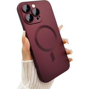ankofave Magnetic for iPhone 15 Pro Phone Case for Women, Matte Luxury Soft Metallic Luster Design with Camera Lens Protector, Compatible with Magsafe Case for iPhone 15 Pro 6.1"-Red Wine