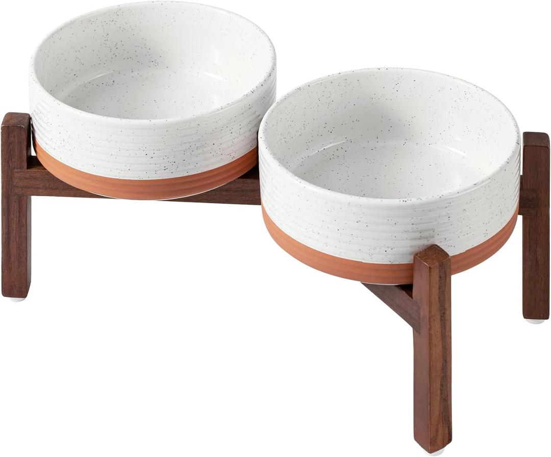 Havniva 7.3" Elevated Dog Bowls Ceramic Raised Dog Bowl with Non-Slip Stand (Acacia Wood) Weighted Dog Food & Water Bowl for Medium Breed Dogs - 5 Cups 41 oz