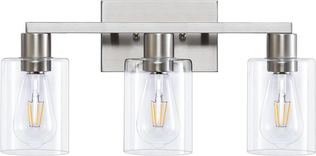 3-Light Vanity Lights,Brushed Nickel Vanity Light,with Clear Glass Shade for Bathroom Light Fixtures, Bathroom Light Fixtures Over Mirror