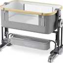 Bedside Crib, 3 in 1 Bassinet with Quick Height Adjustment and Mosquito Nets Rocking Bassinet for Baby, Bedside Bassinet with Wheels, Easy to Fold, Golden Triangle Structure, Grey