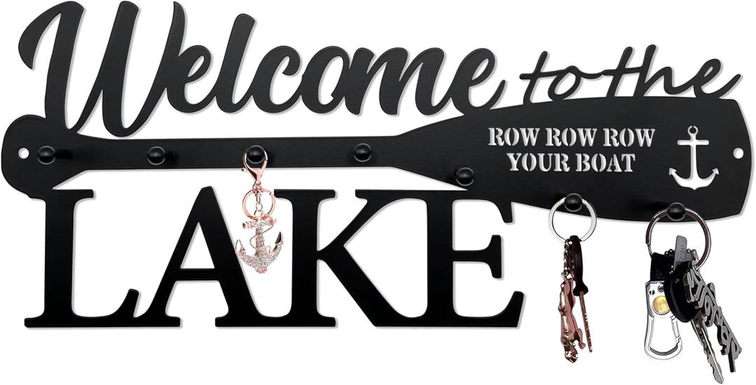 BiaGift Lake House Decor Welcome Sign Lake House Gifts, Key Holder for Wall Decorative with 6 Hooks, Anchor Wall Decor - Welcome to The Lake, 14.2 x 6.0 Inches