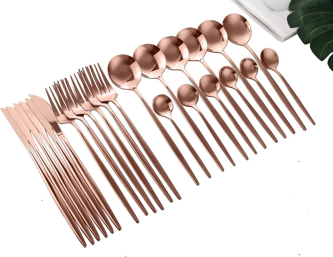 24-Piece Korean Copper Rose Silverware Sets Mirror Polished Stainless Steel Flatware Set Service for 6 Kitchen For Home Kitchen Hotel (Rose)