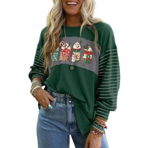 Dokotoo Christmas Decorations Tops for Women Trendy Striped Women's T-Shirts 2024 Crewneck Long Sleeve Womens Tops Dressy Casual Women's Blouses (Green, XL)