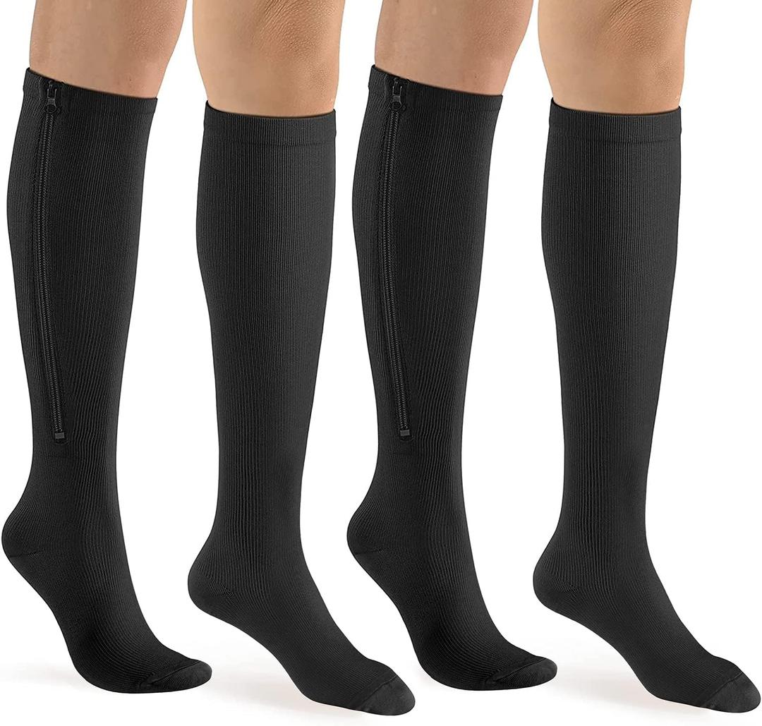 bropite Zipper Compression Socks Women & Men - 3 Pairs Calf Knee High 15-20mmHg Closed Toe Compression Stocking (Small-Medium, Black)