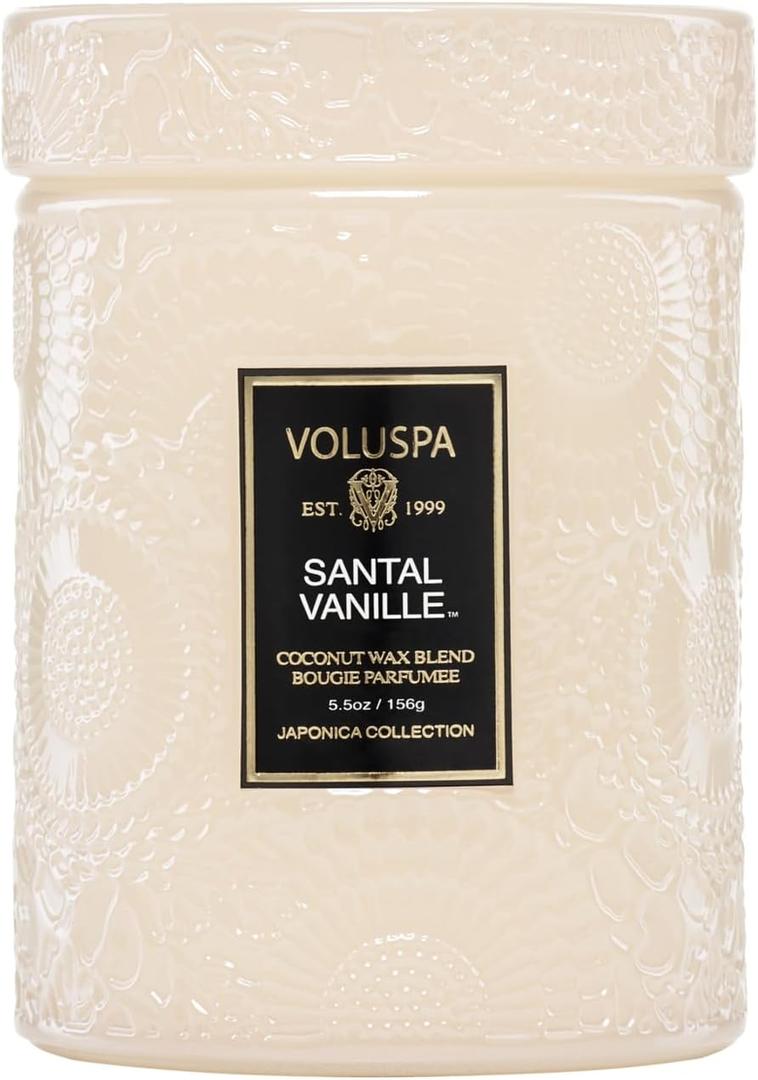 Voluspa Santal Vanille, Small Candle Jar, 5.5 oz, 50 Hour Burn Time, Coconut Wax for Clean Burning, Handcrafted in the USA (Cream)