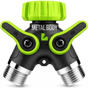 LIME 2 Way Hose Splitter Heavy Duty - Metal Y Garden Hose Splitter with Shutoff Valves, Brass Outdoor Faucet Adapter for Spigot, 3/4 Inch GHT Water Hose Connector