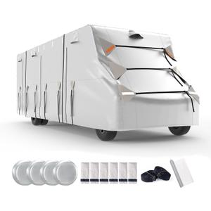 FRUNO Oxford Fabric Class C RV Cover Fits 29'-32' Waterproof Rip-Resistant Anti-UV Motorhome Camper Cover for Winter Snow with 4 Tire Covers and Gutter Covers