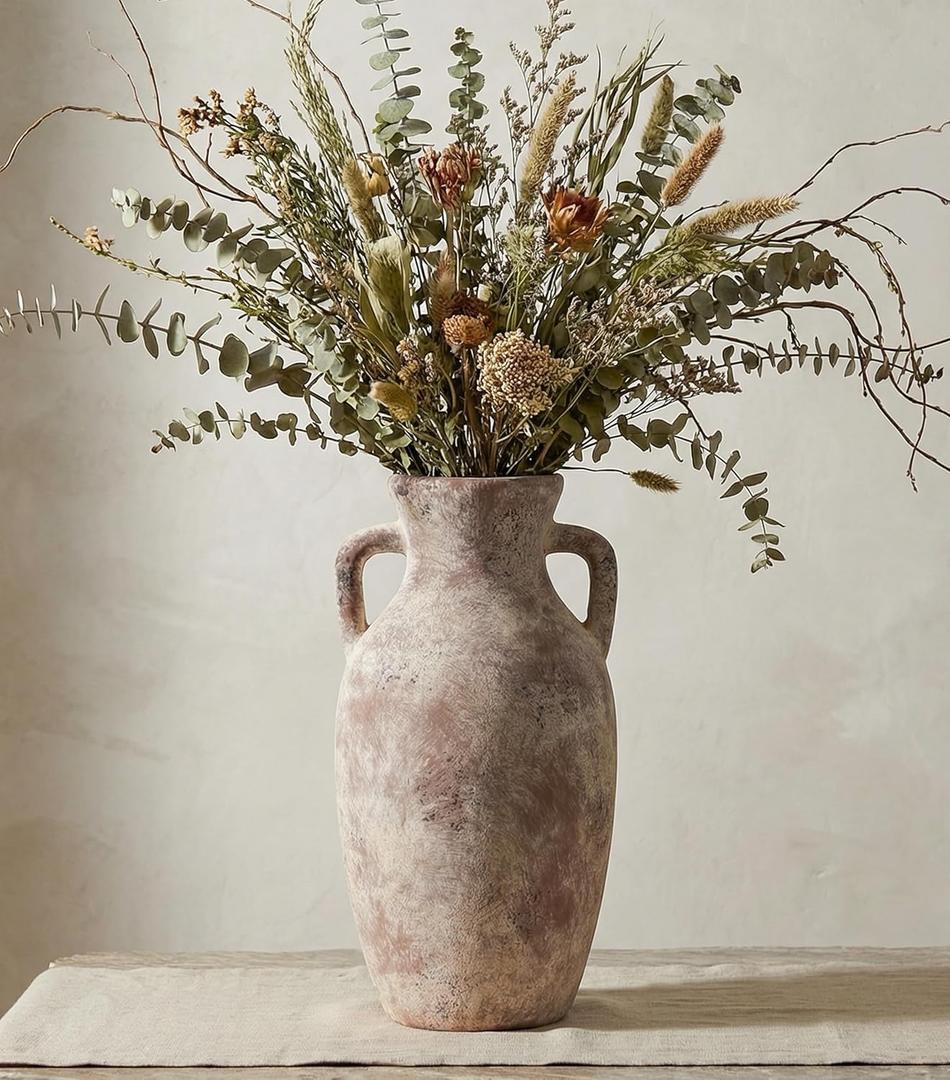 Ceramic Flower Vase with Handles,12" Neutral Tall Clay Terracotta Vases Farmhouse Table Vases with Handle Living Room Decor Rustic Pottery Pots for Home Shelf Coffee Dining Desk Fireplace