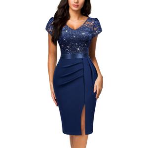 Miusol Women's Classy V-Neck Glitter Sequin Lace Cap Sleeve Cocktail Party Dress (Blue, M)