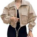 Tankaneo Womens Cropped Jacket Zip Up Lightweight Oversized Utility Anorak Coat with Pockets, Small