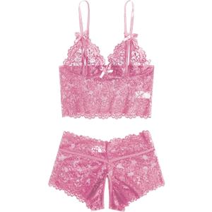 SweatyRocks Women's 2 Piece Lingerie Set Sheer Lace Cut Out Bra and Panty Teddy Lingerie (Medium, Pink)