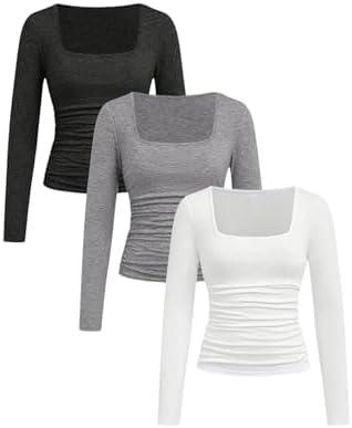 RoseSeek Girl's 3 Pack Long Sleeve Shirts Square Neck Slim Fit Ruched T Shirt Casual Basic Tees Fall Tops Multicolor 13Y