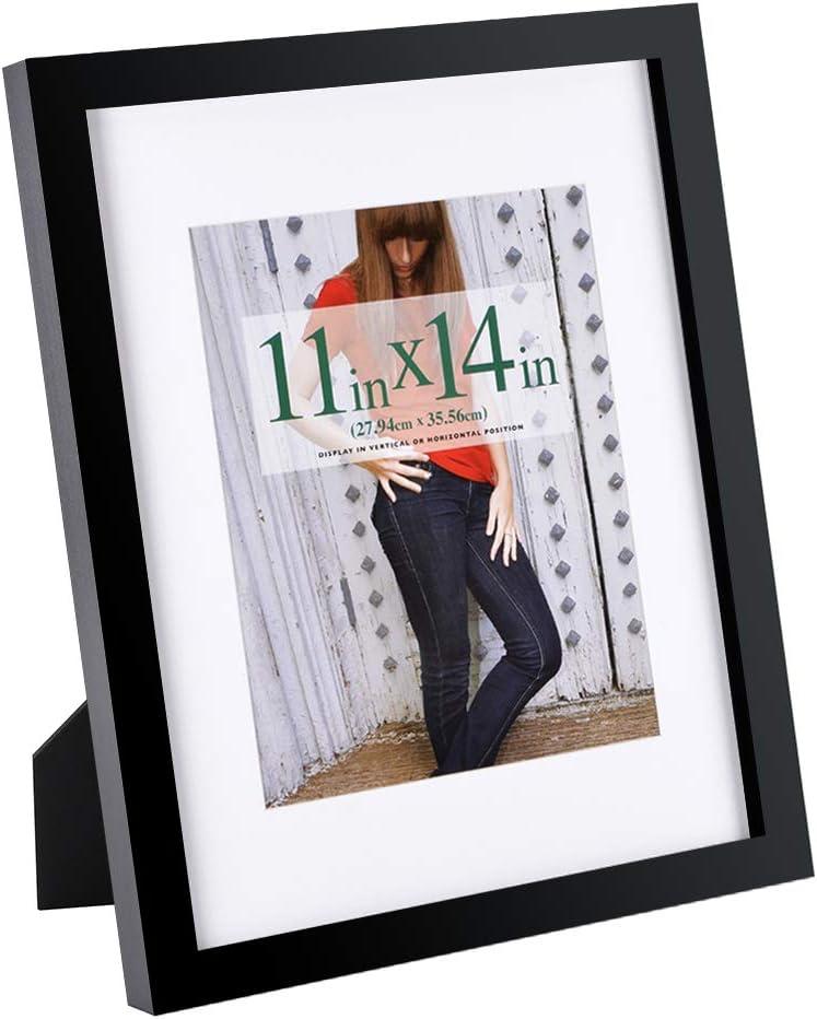 RPJC 11x14 inch Picture Frame Made of Solid Wood and High Definition Glass Display Pictures 8x10 with Mat or 11x14 Without Mat for Table Top Display and Wall Mounting Photo Frame with Stand Black