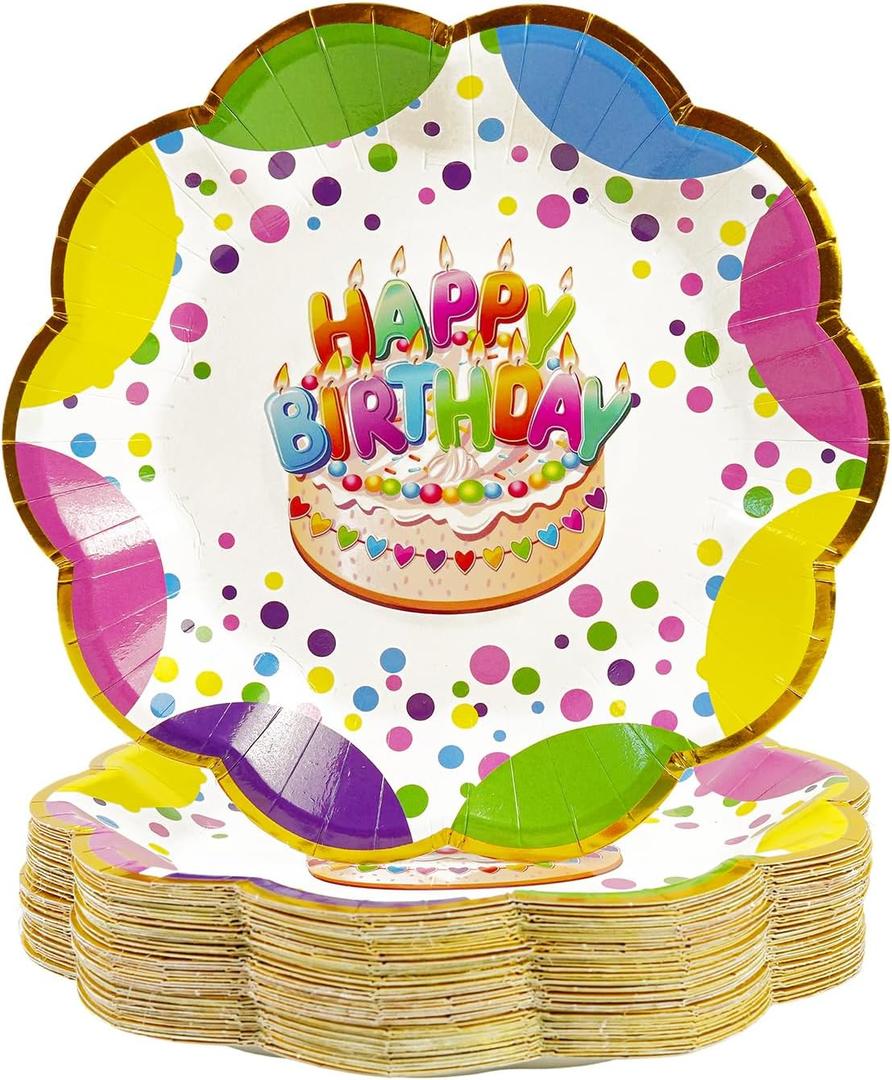 50pcs Happy Birthday Plates 7in Scalloped Colorful Candle Paper Plates Polka Dots Birthday Disposable Rainbow Dots Tableware for Home Brunch Birthday Decorations Party Baby Shower Favors 50